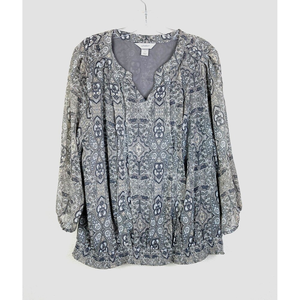 CJ Banks Women's V-Neck Tunic Top Size X Gray Lined Elastic Smocked Waistband